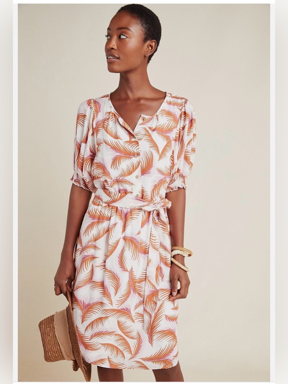 Anthropologie Nicole Linen Puff Sleeve Feathers Ivory Shirt Dress
